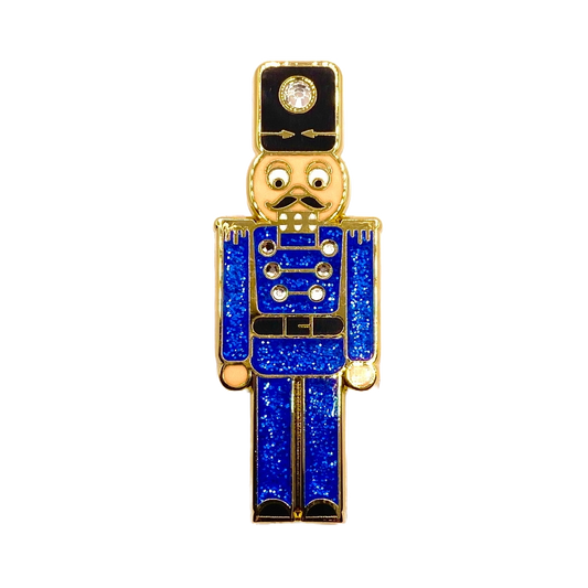 Nutcracker Soldier - 2 inch pin | Badge | Christmas Gift | Stocking Stuffer | Blue Glitter Suit | Crystal Buttons | Gold Plated | Jewelry