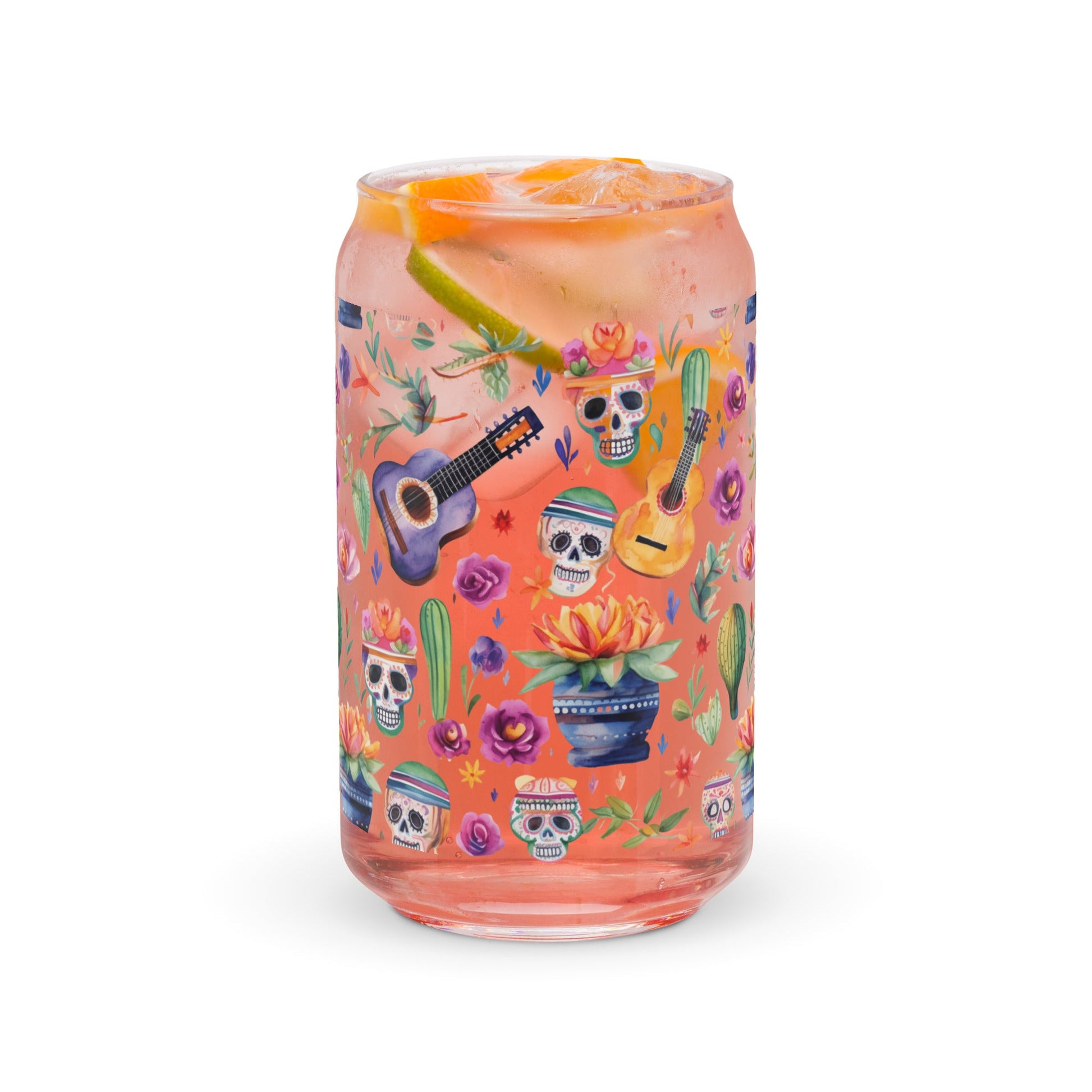 Dia de Los Muertos - Can-Shaped Glass | Day of the Dead | Skulls | Cacti | Latino | Mexico | Mexican | Tradition | Guitar | Flowers | Halloween | Glassware
